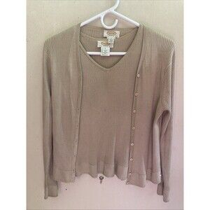 Talbots Twinset Sweater Set Sz P  Beige Ribbed Tank & Cardigan Classic Neutral